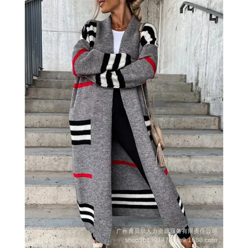 Women Autumn Knitted Long Sweater Y2K INS Clothing Outwear Striped Long Sleeve Open Front Longline Cardigan