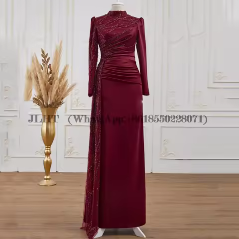 Burgundy Long Sleeve Prom Dress Modest High Neck Evening Dress Sequins Vestidos De Fiesta Elegantes Para Mujer 2023 Customized