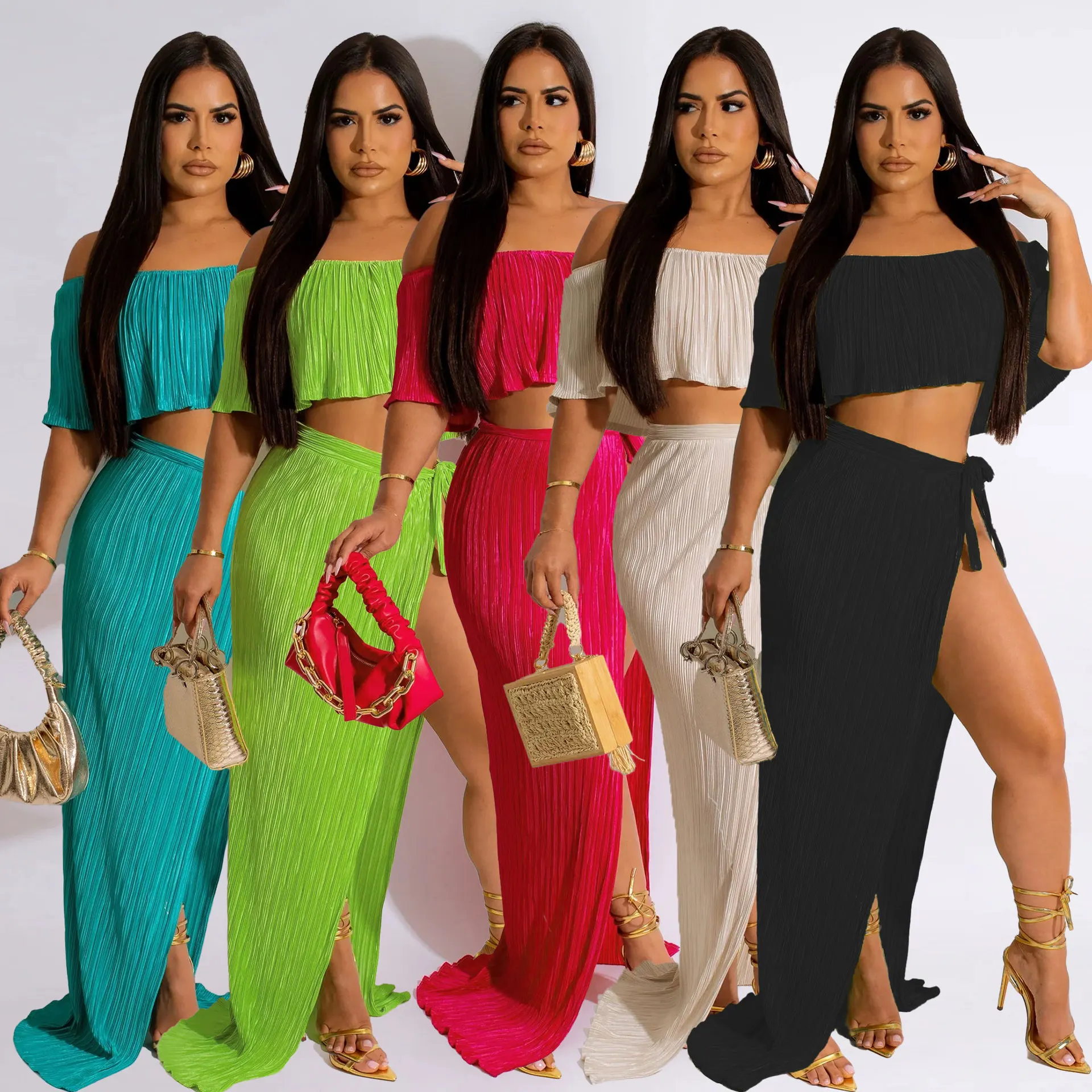 

SKMY Sexy Off The Shoulder Ruffle Crop Top Split Long Skirt Two Piece Set Night Club Outfits Solid Color Clothes For Women