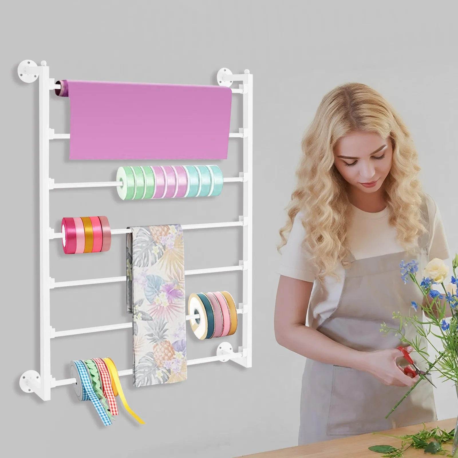 

7-ярусная настенная полка для хранения лент, органайзер для лент для мастерской, цветочного магазина, настенная полка для полотенец, шарфов, упаковочной бумаги