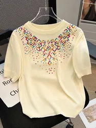 SMTHMA Women's O-Neck Short Sleeved Top New Fashionable Colored Sequins Knit Sweater 2024 Summer Female Clothing