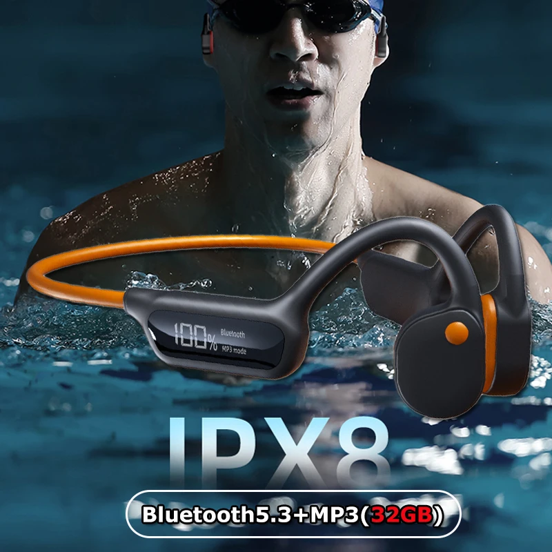 

Bone Conduction Bluetooth5.3 Earphones Wireless IPX8 Waterproof Headset 32GB MP3 Player Swimming Ear-hook with Mic Power Display