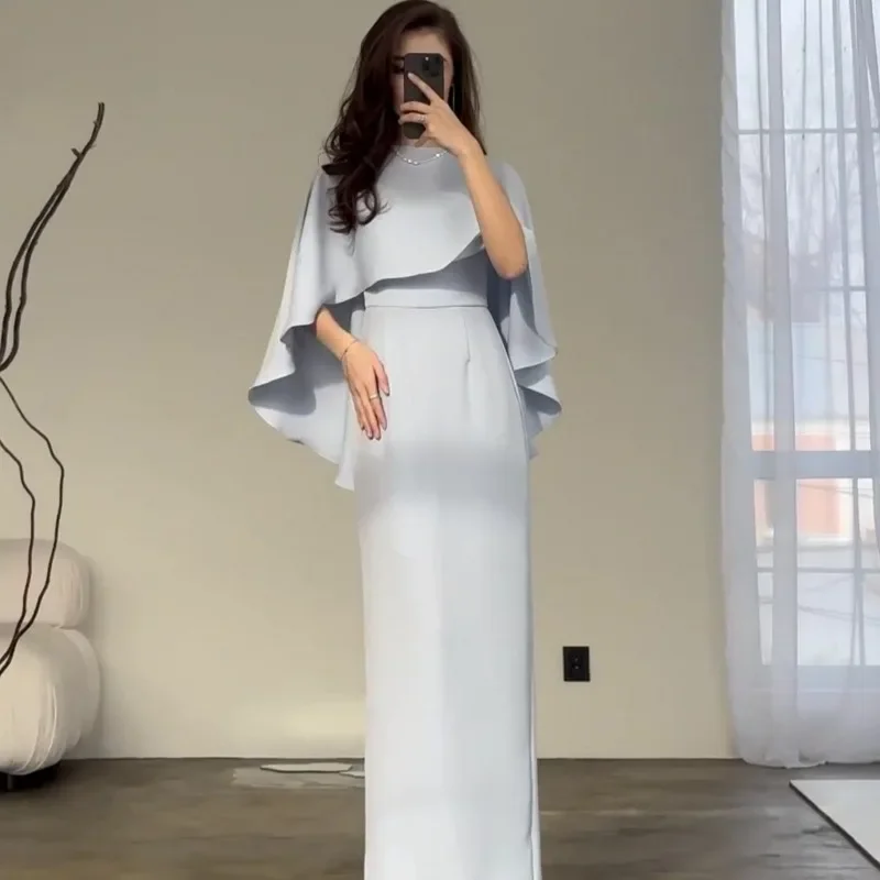 Spring and Summer New Solid Color Satin Bat Shawl Style Waist Collection Long Sleeve Dress Round Neck Hip Wrapping Skirt 2025
