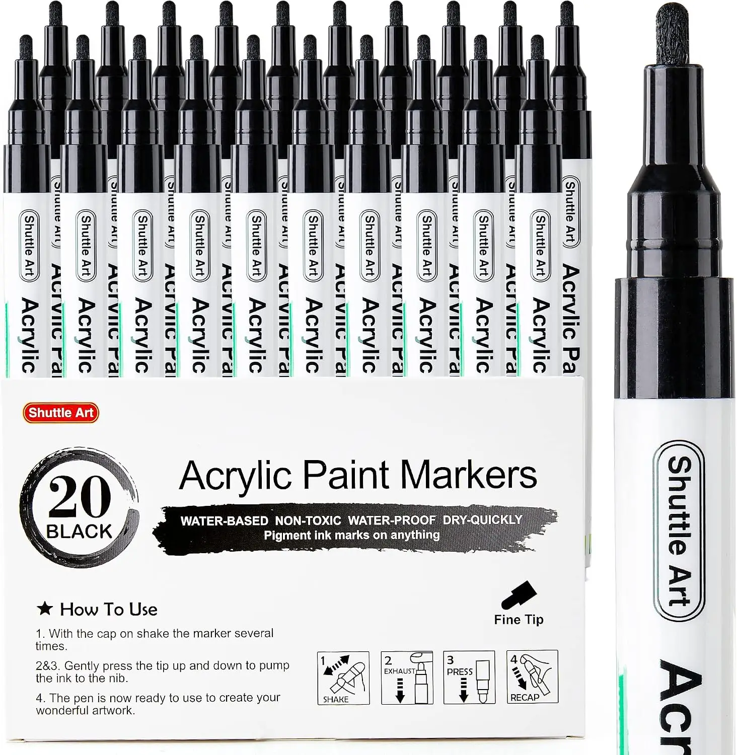 Shuttle Art 20 Black Fine Tip Acrylic Paint Pens Dry Quickly and Can Be Used on Surfaces Such as Glass, Ceramics, Plastic, Rubber, Paper, Metal, and Stone for Painting and Art Projects