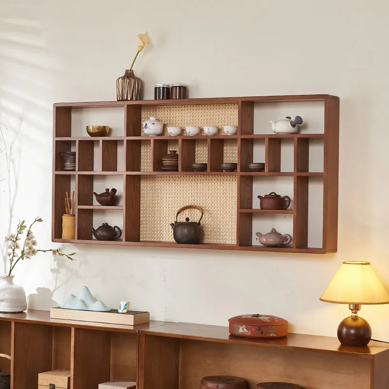 

Tea room ornament display stand Solid wood rattan storage display Teacup tea pet stand Wall hanging Duobao Ge Bogu frame