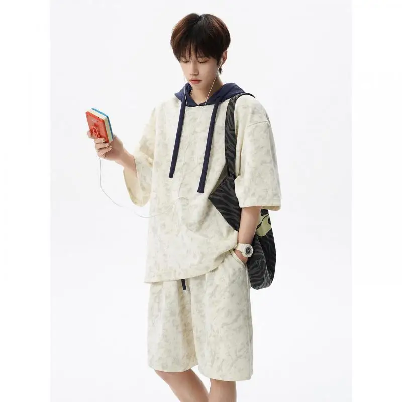

2026 Loose Fit Casual Streetwear Tracksuit Set Short Sleeve Hooded Top with Shorts Men's Streetwear Tie-dye Hooded Sports Suit