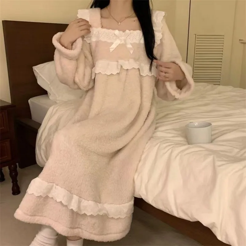 Lace Women Nightgown Korean Sleepwear Fleece Winter Night Dress Knee Length One Piece Pajama Square Collar Warm Ruffle Home Wear