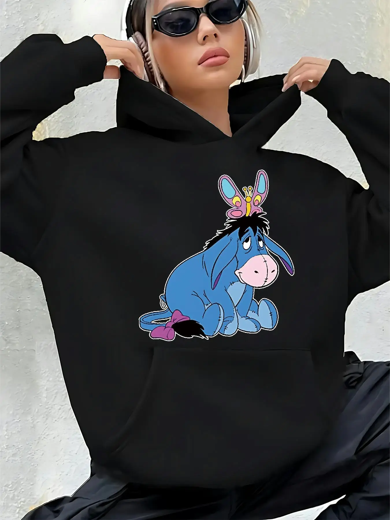 Women's Disney Eeyore Autumn and Winter Fleece Hooded Sweatshirt Unisex Streetwear Oversized Loose Casual Event Outfit