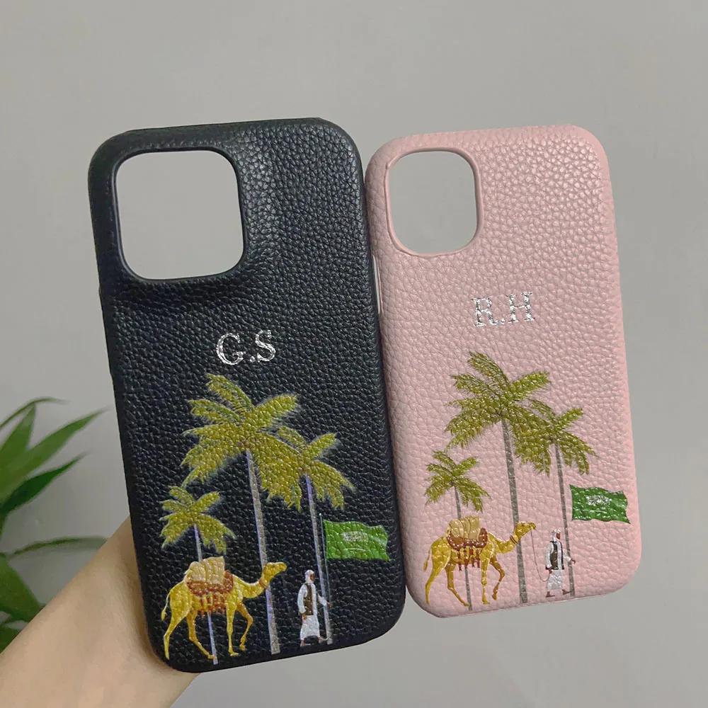 Personalised Customized Name Coconut tree Leather Case For iPhone 15 14 13 12 11 Pro Max Initials Letters DIY Engraved Cover