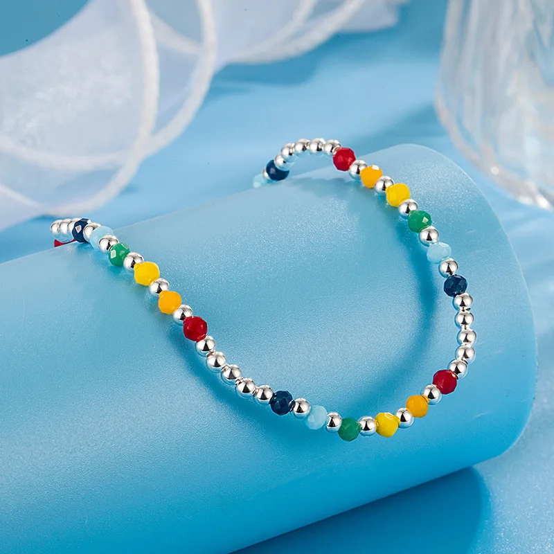 سوار وخلخال فاصوليا قوس قزح الفضي عبارة عن خلخال خرز بوهيمي صيفي مصنوع يدويًا من أجل هدية مجوهرات سعيدة ومريحة