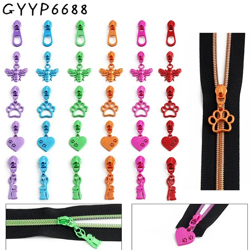 

10-50-100PCS Shine Colorful Bee/Pet Paw/Sewing Shape 5# Nylon Zipper Sliders For DIY Purse Clothes Bags Belt Slider Accessories