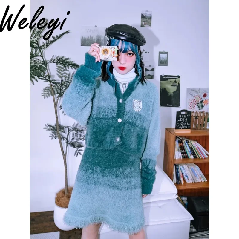 Autumn and Winter Sweet Girl Sweater Color-dimmed Cardigan Jacket Mink Hair Short Jacket Woman Short Skirt Two-piece Skirts Sets