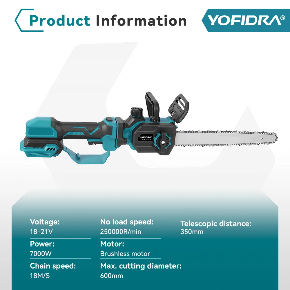 YOFIDRA 12 Inch Brushless Chainsaw 7000W Cordless Stretchable Pruning Chain Saws Wood Cutting Power Tools For Makita Battery Pin