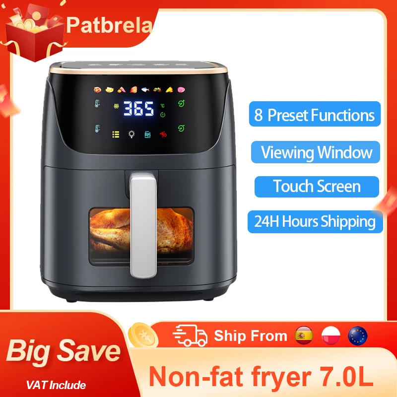 Freidora de Aire Patbrela 7L con Ventana Visible, Freidora de Aire 1500W Baja en Grasa y Sin Aceite, Máx. 200°C ° C, Pantalla táctil digital, Cesta antiadherente apta para lavavajillas