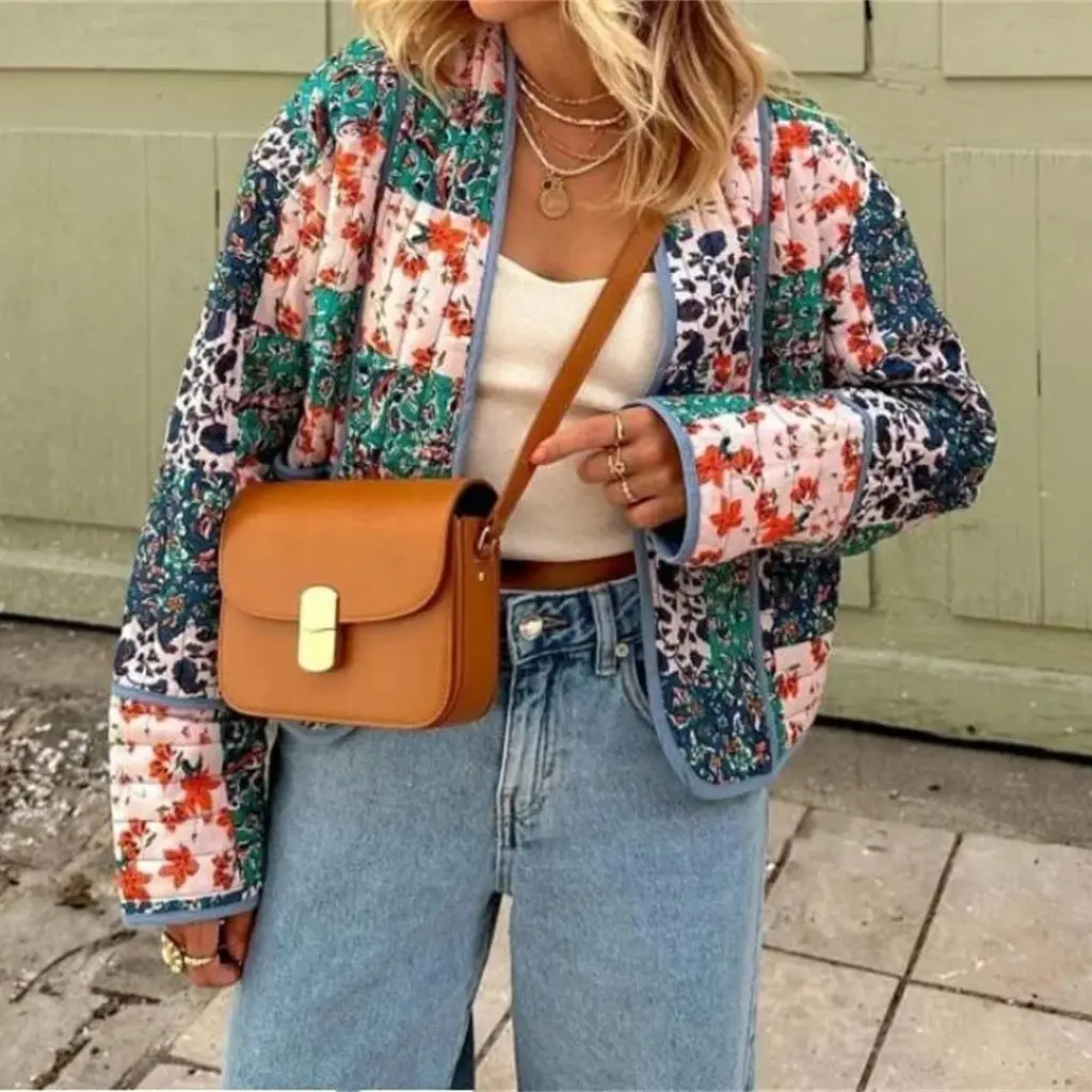 Fashion Print Vintage Quilted Jacket Women 2024 Autumn Winter Long Sleeve Coat Patchwork Casual Jackets New In Female Outerwear
