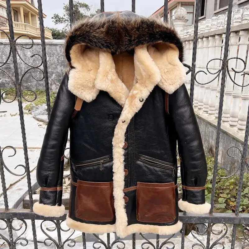 Men\'s New Fur One Hooded Coats Plus Size Warm Thick Outdoor Padded Leather Jackets Winter Male Motorcycle Removable Cap Outwear