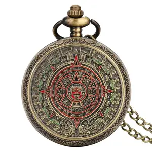 Mexican Maya Aztec Calendar Art Prophecy Culture Gold Bronze Plated Coin Quartz Pocket Watch with 80cm Necklace/38cm Waist Chain