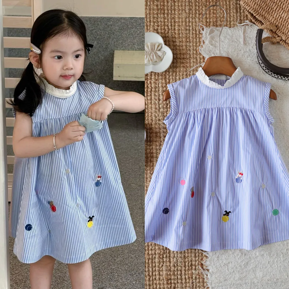 

Girls' summer vest dress striped print Cartoon embroidery sleeveless dress cotton girls clothes baby dresses