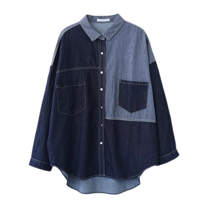 Spring Autumn Casual Fashion Striped Patchwork Denim Shirt Lady Long Sleeve Loose All-match Button Up Blouse Top Women Cardigan