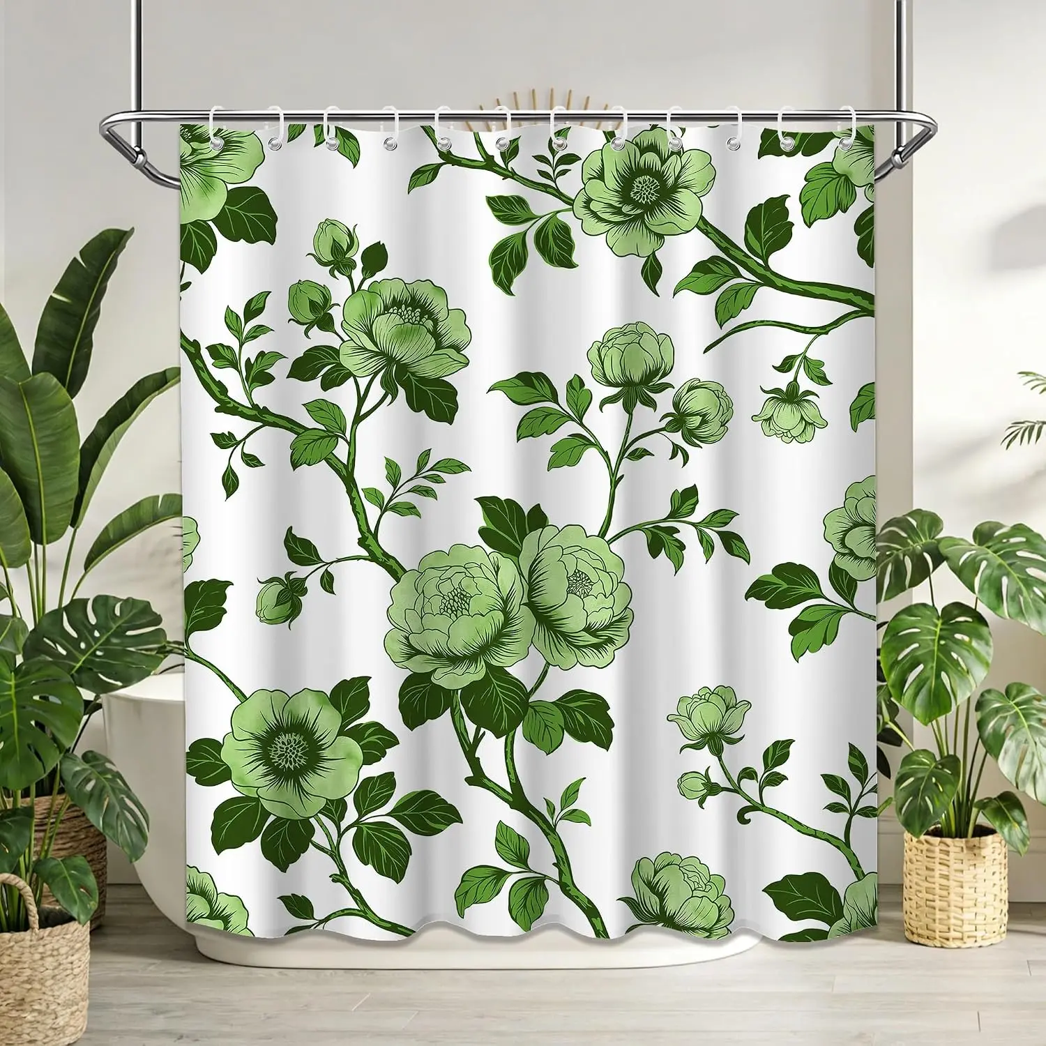 Green Floral Peony Botanical Shower Curtain Waterproof Polyester Bathroom Decor Curtain Liner Greenery Style Home Accent