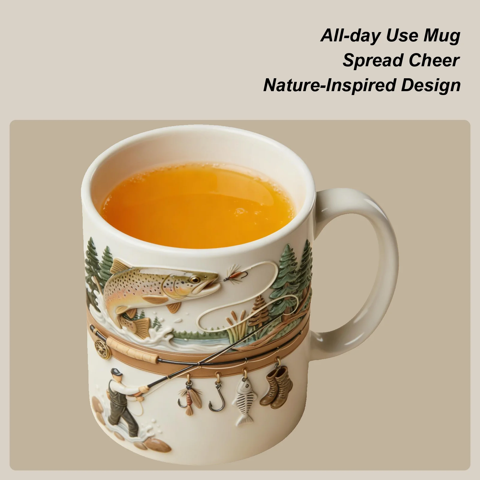 2D FLAT 350ml Ceramic Funny Fishing Mug Novelty Fisherman Fishing Coffee Mug For Cold Weather Outdoor Fishing Camping Hiking