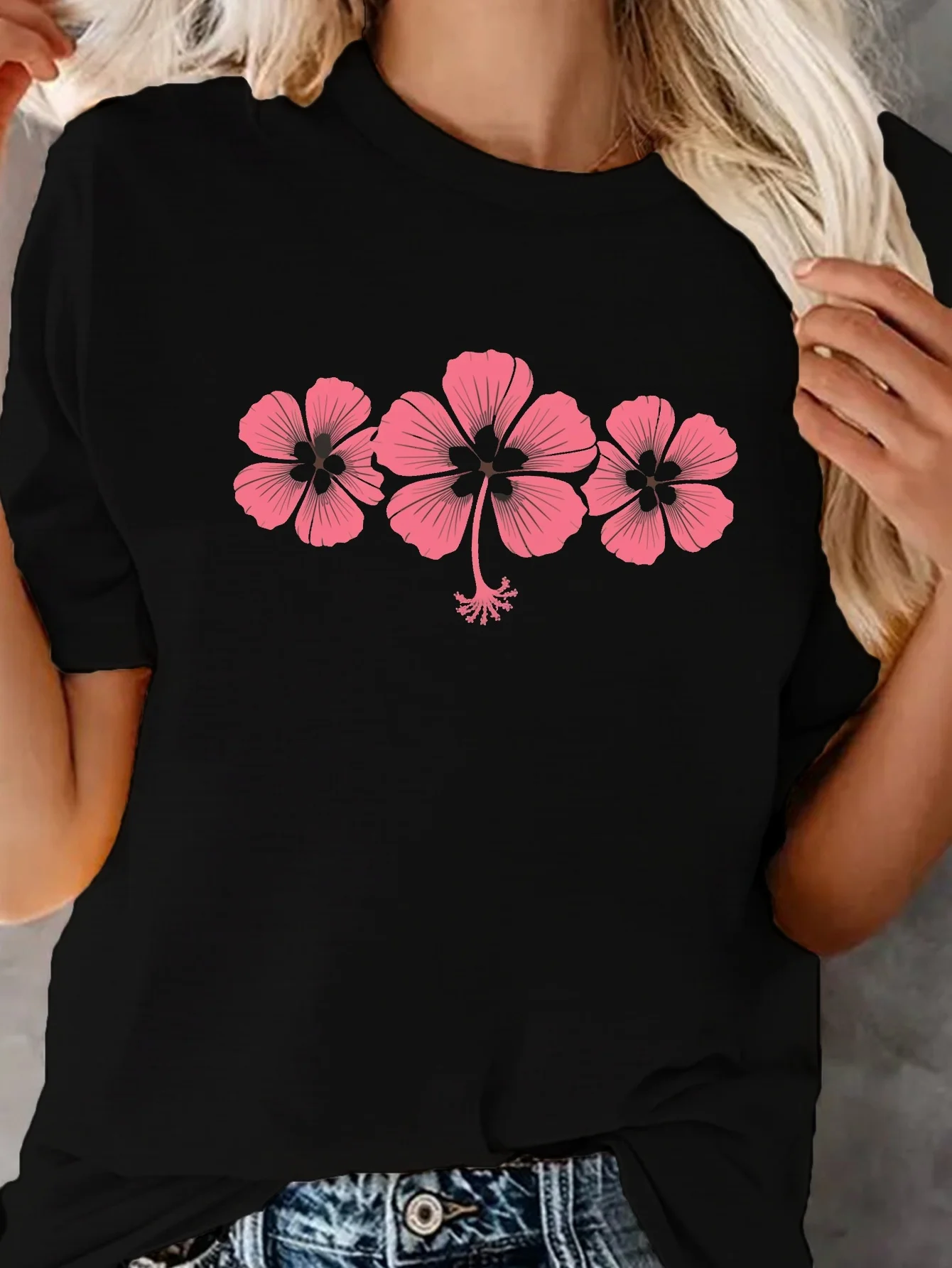 

Футболка с цветочным принтом гибискуса и коротким рукавом с круглым вырезом для отдыха на весну, повседневная одежда с рукавами в стиле Харадзюку, уличная эстетичная одежда