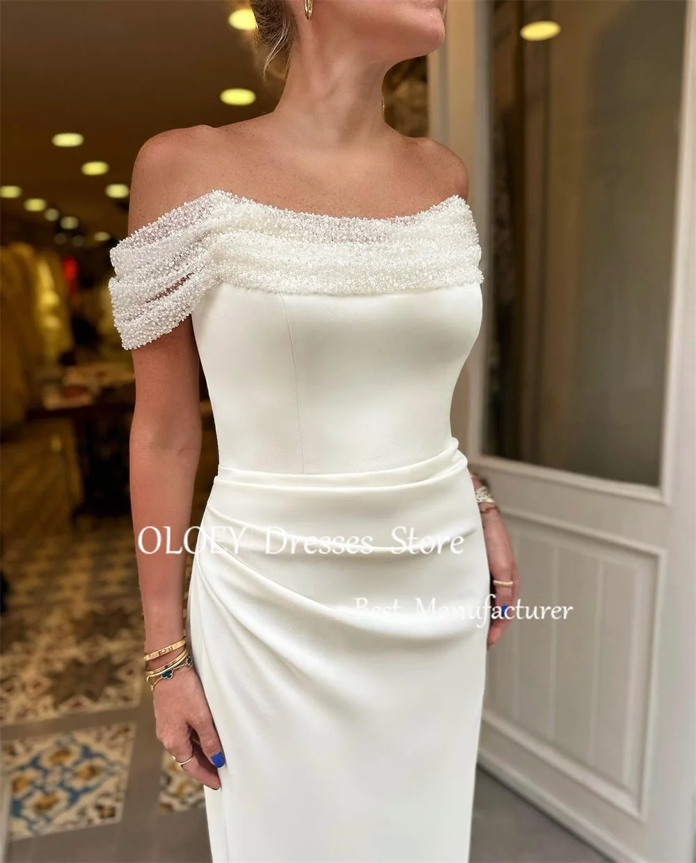 OLOEY Elegant Ivory ชุดแต่งงานตรงปิดไหล่จีบยืดลูกปัดอย่างเป็นทางการชุดราตรียาวชุดพรรค Custom Made