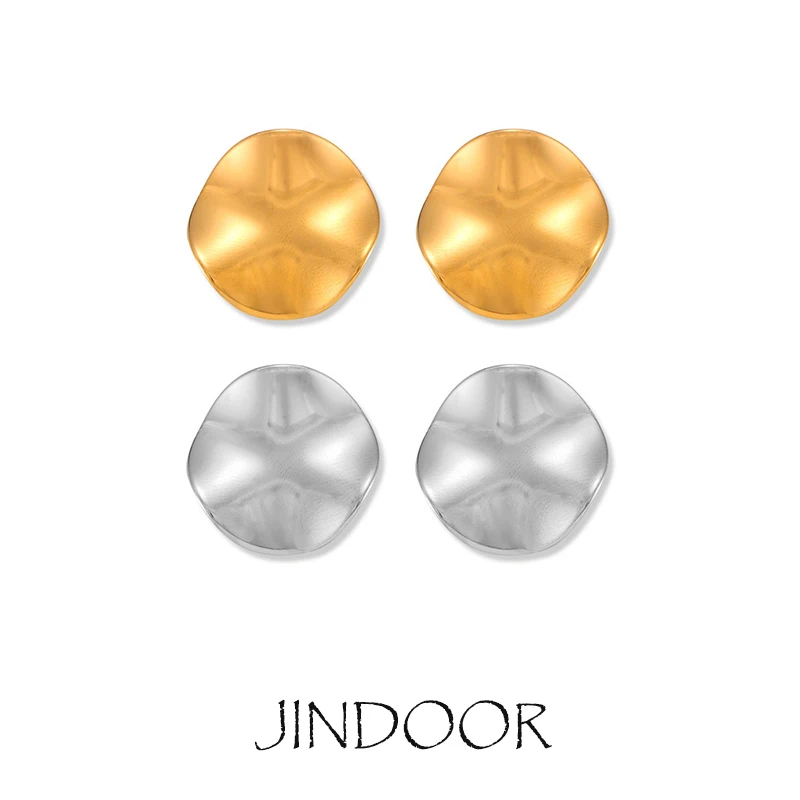 JINDOOR Titanium Steel 18k Gold Plated Earrings Korean Simple Design Glossy Minimalist Round Women Earrings