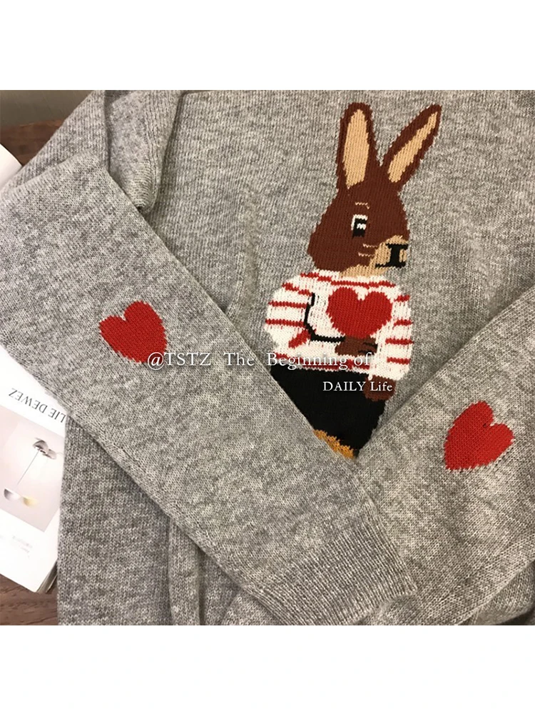 Keramo O-Neck Cartoon Rabbit Long Sleeves Knitted Cardigan Women Casual Autumn Winter All-Match Sweet Korean Fashion New Tops