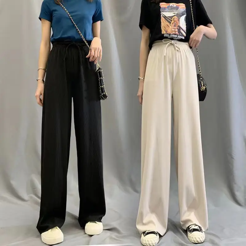 Ice Silk Wide-Leg Pants Women Cool Sweatpants Summer Thin Pleat Loose Straight Pants Office Lady Casual Drawstring Long Trousers