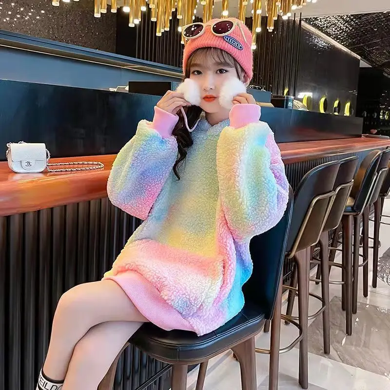 3-8-10-14 Girls sweater clothes winter and spring hoodie Korean version children\'s hoodie thickened fleece sweater mid-length