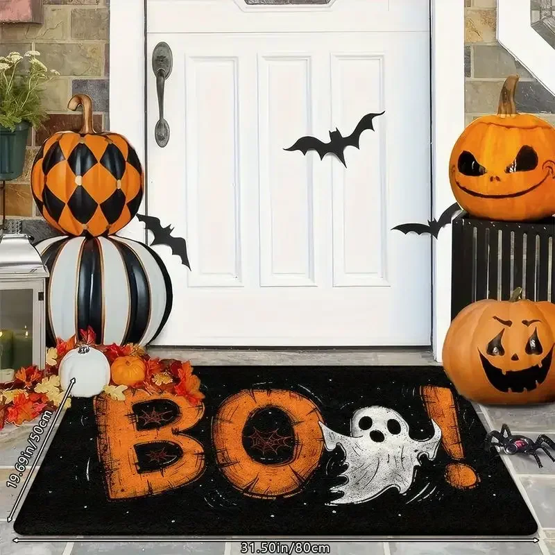 VIKAMA BOO Cute Little White Ghost Spider Web Doormat, Non-Slip Halloween Entryway Mat, Bathroom Decorative Mat, Home Decor