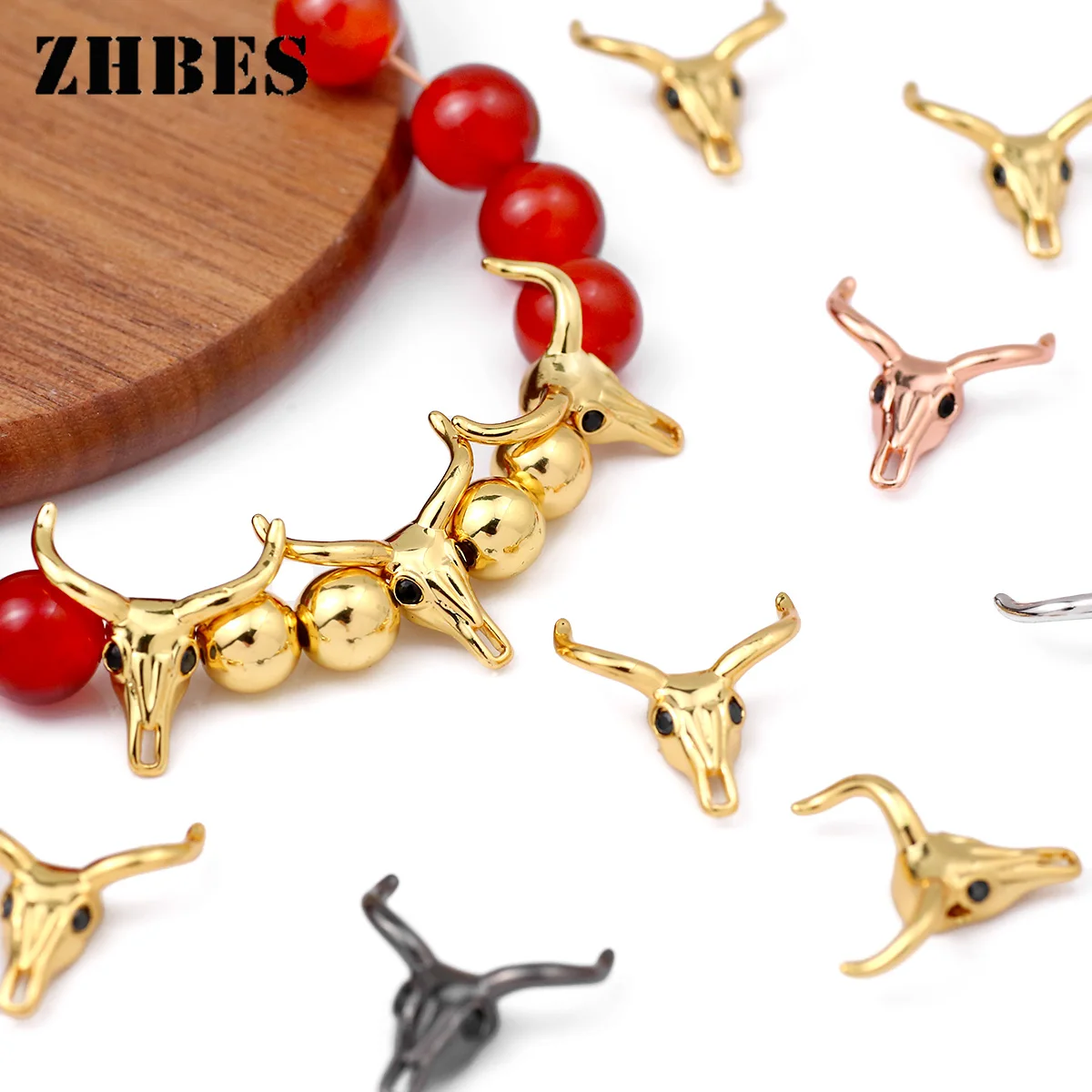 4 шт., медная бусина с черепом коровы, черный циркон, разделители, подвески, свободные бусины для изготовления ювелирных изделий, браслеты «сделай сам», аксессуары