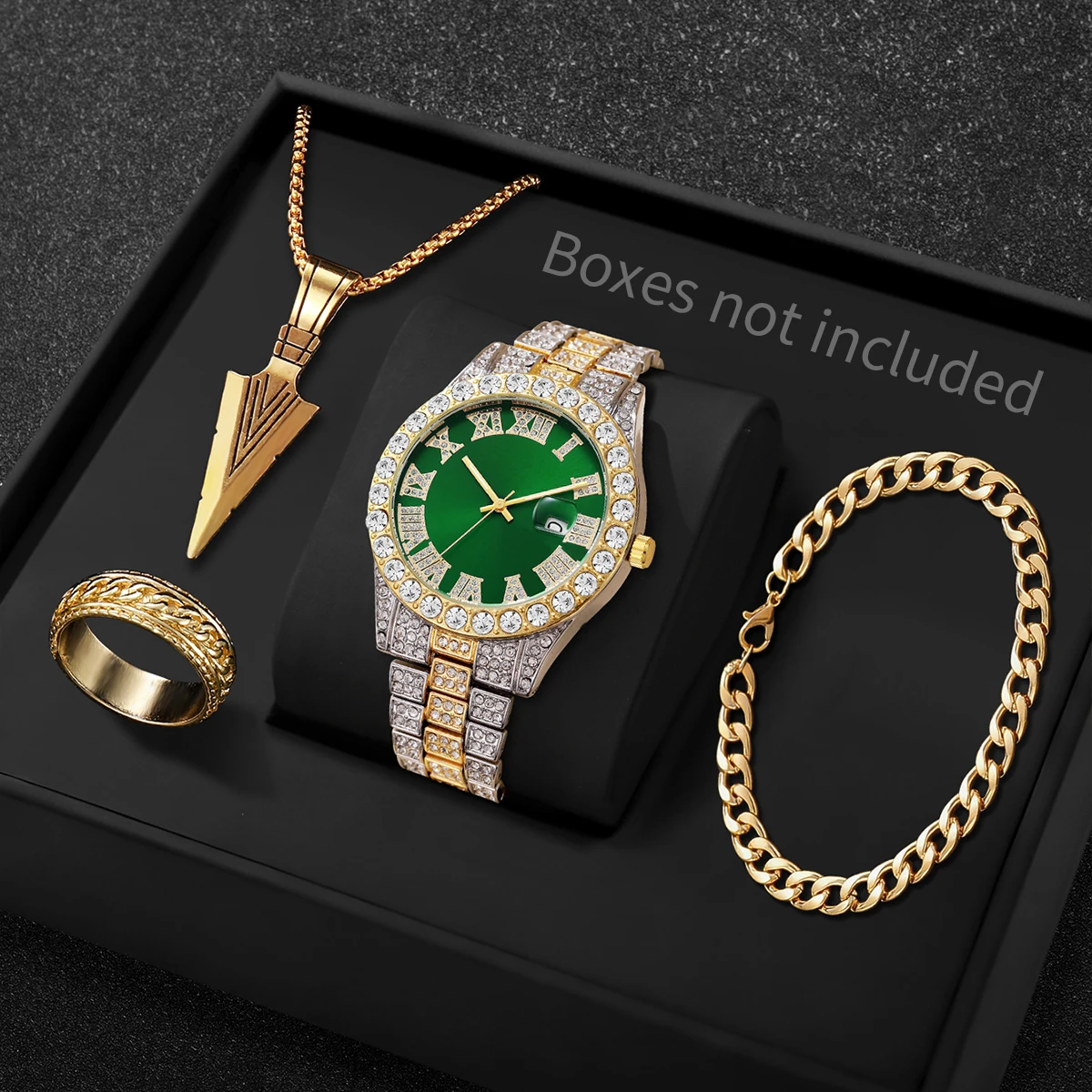 Juego de 4 Relojes de Lujo para Hombre con Pedrería, Esfera Romana, Calendario, Cuarzo, Joyería (Sin Caja)
