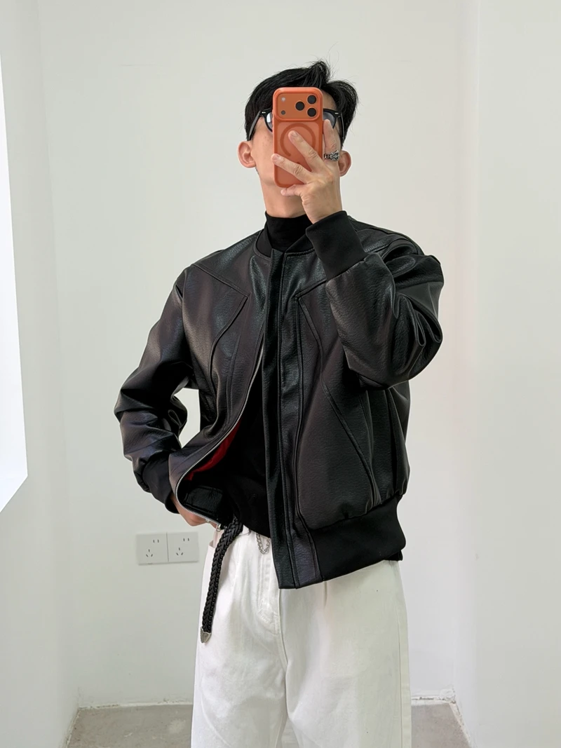 

Retro American Sle Motorcycle Jaet Men's ort Loose Fit Baseball Collar Bla Outerwear Youth Faion PU Leather Coat
