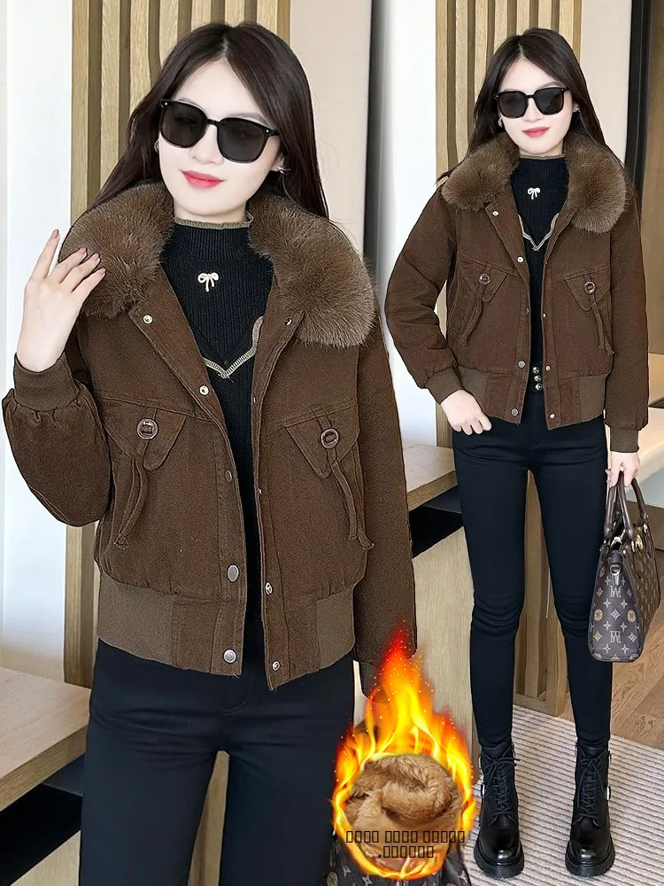 

Женская утепленная куртка с флисовой подкладкой, круглым вырезом, на хлопковом пуху, теплая, уютная, для повседневной носки, в корейском стиле, свободного кроя, зимняя верхняя одежда