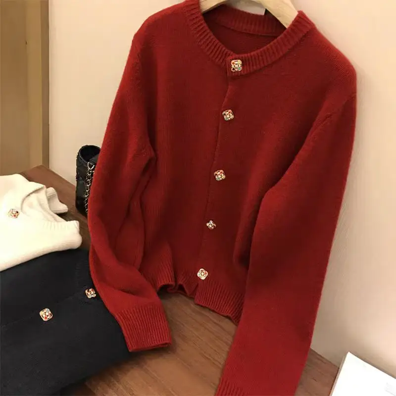 Vintage Women Round Collar Knitted Thick Sweater Coat New 2024 Autumn Winter Fashion Sweet Colour Single Breasted Cardigan Tops