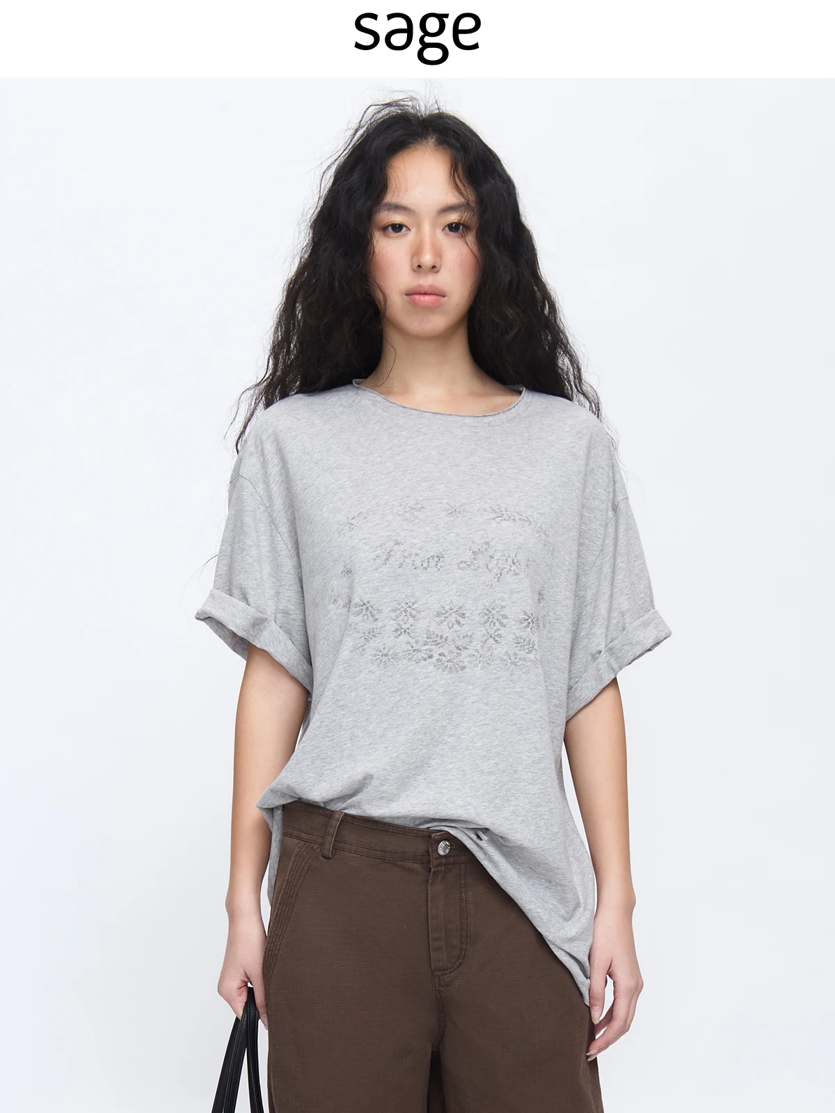 

Retro Weathered Print Loose Top Mud Brown Cotton T-Shirt Floral Pattern Commute Style round Neck Short Sleeve Women's Tee