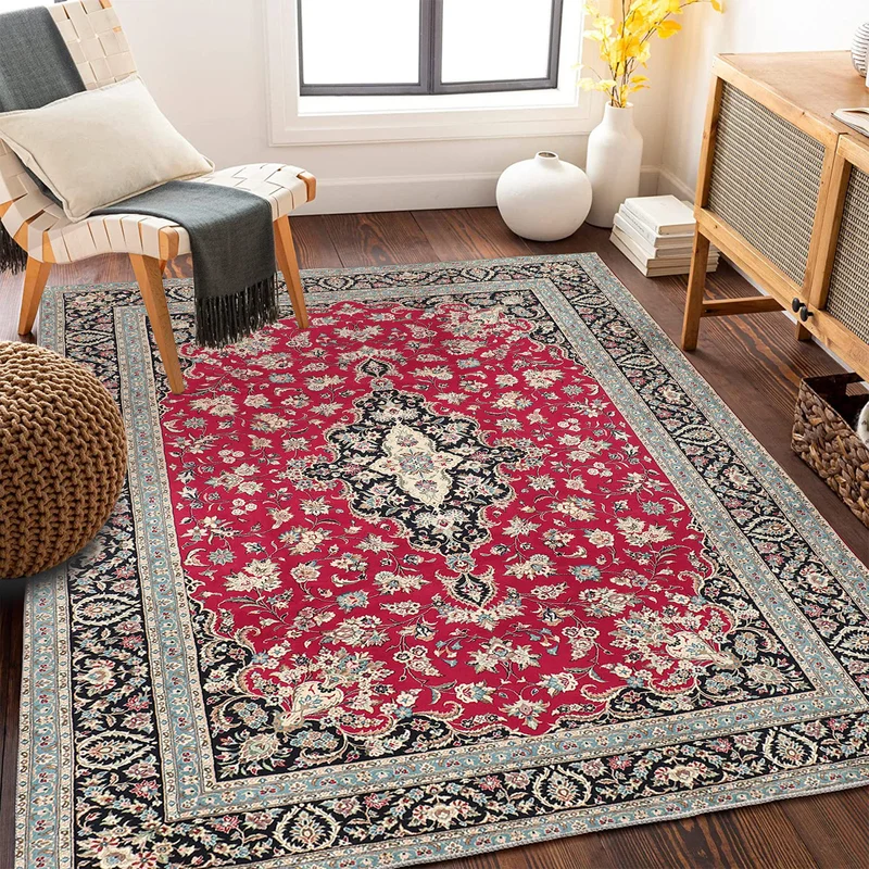 VIKAMA Red Retro Persian Medal Large Living Room Carpet,Soft Non Slip Mat Traditional Oriental Flower Indoor Home Decoration