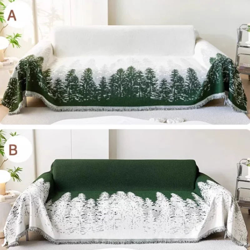 Small Forest Printed Sofa Towel with Tassels Soft Chenille Anti-Wear Couch Slipcover Multi Purpose Knee Blanket for All Seasons