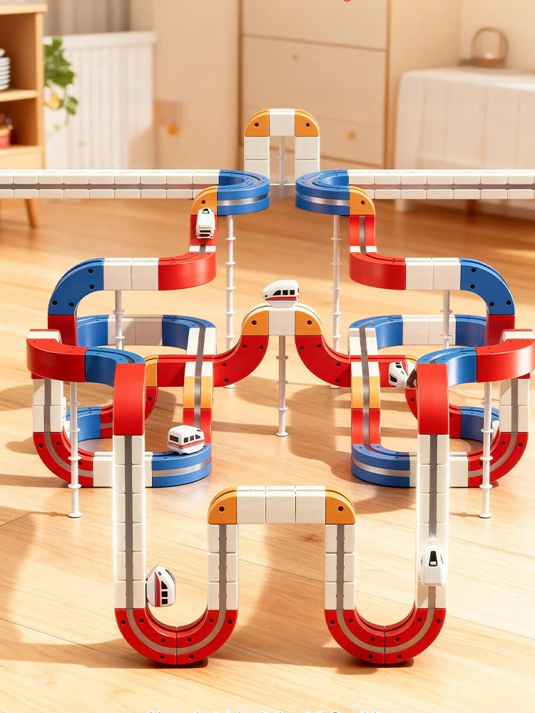 الكهربائية المزدوجة المسار المغناطيسي التجمع المكعب السحري قطار ألعاب تعليمية للأطفال الأولاد قطار صغير لعب نموذج السيارة #4