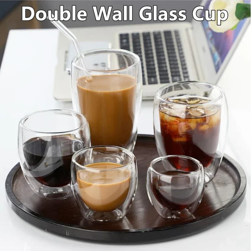 Taza de vidrio de doble pared para cerveza, leche, café, resistente al calor, transparente, estilo redondo, Color sólido, 250-450ml