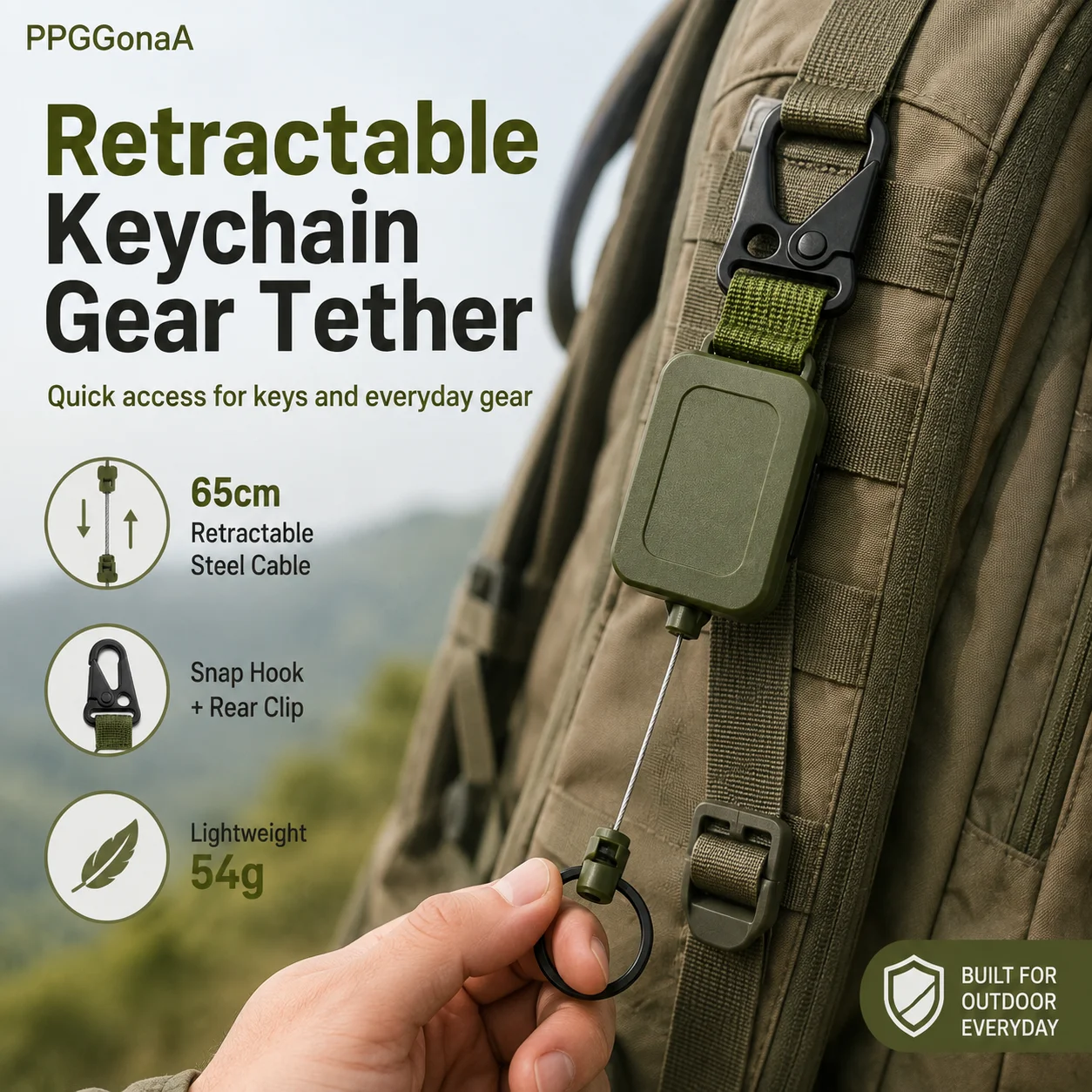65cm Retractable Keychain Gear Tether with Metal Snap Hook & Belt Clip, Outdoor Fishing EDC Key Holder Army Green