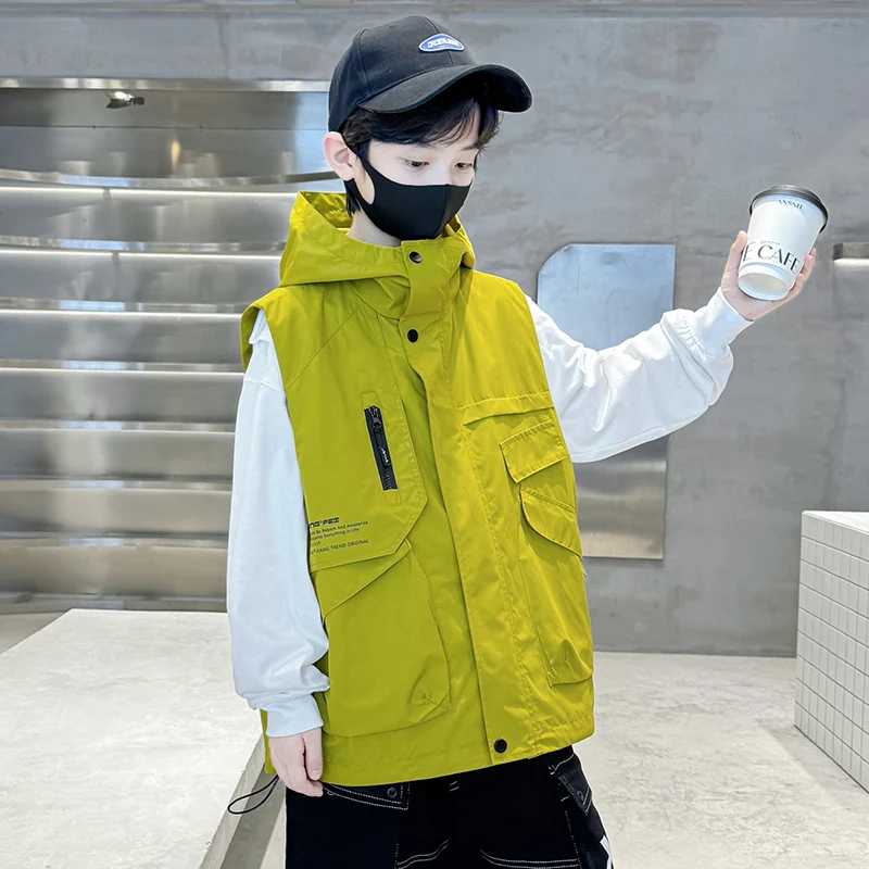 Elegant Children Spring Polyester Hooded Cargo Vest for Teen Boys Casual Sleeveless Jacket with Hoodies Kids Stylish Waistcoat