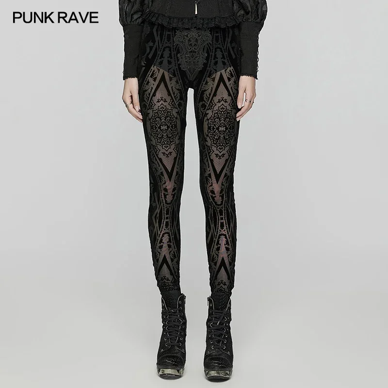 PUNK RAVE Leggings de malla flocados con estampado gótico oscuro para mujer, pantalones negros personalizados, ropa