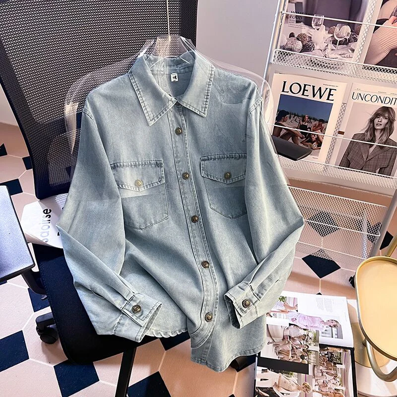 

Retro Lapel Denim Shirts For Women Spring Autumn Trend Versatile Single Breasted Tops Female Casual Long Sleeved Blue Coats