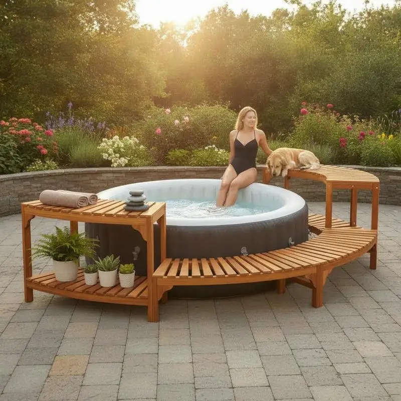 Runde Outdoor-Whirlpool-Umrandung, braune Optik, Gesamtabmessung 272 x 120 x 55,5 cm, stabiler Stützrahmen, seitliches Staufach, praktisches Spa-Zubehörregal, für Garten, Hinterhof, Terrasse