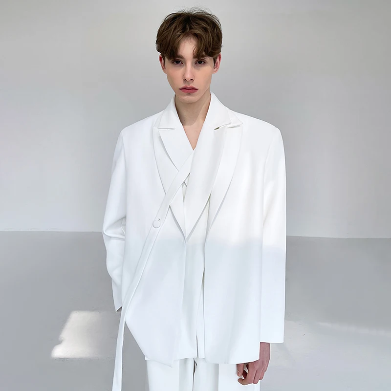 LUZHEN Elegant Male Two-piece Sets 2025 New Plain Double Layer Design Ribbon Decorate Blazer Coat Men's Straight Trousers JY3314