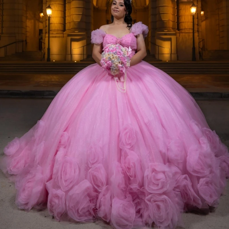 

Pink Shiny Quinceanera Dresses Off The Shoulder Flower Beads Tull Corset Party Birthday Sweet 16 Dress Vestidos 15 De Anos