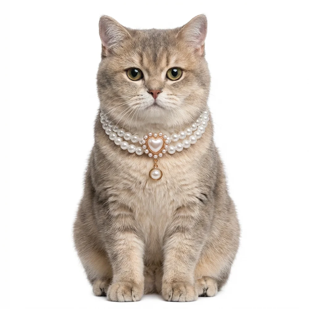 Elegant Double Pearl Pet Necklace with Heart Crystal Luxury 